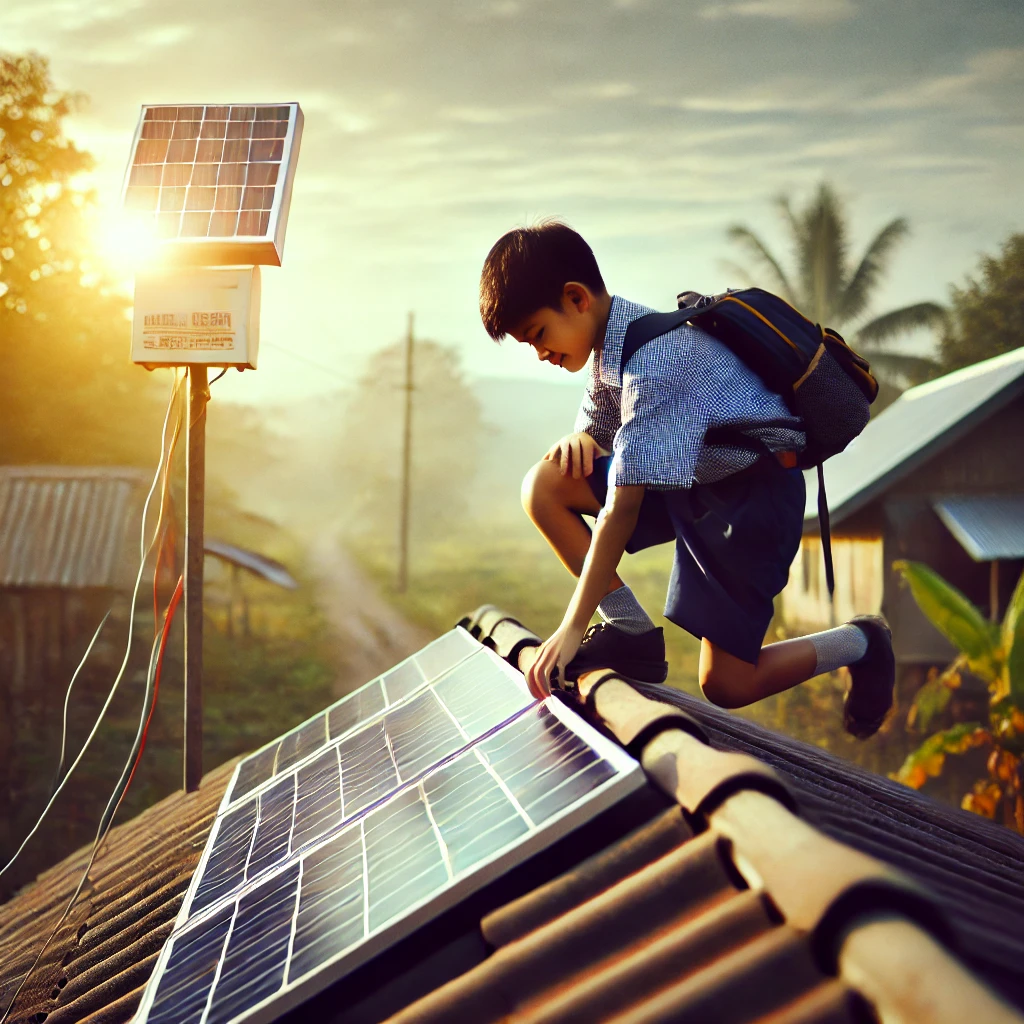 Student installing solar panels